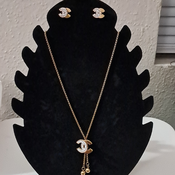 Gold and Silver Crescent Earrings and Necklace Set - Picture 2 of 4
